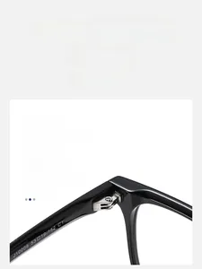 Macro view of durable metal hinge and model specs on black square optical glasses
