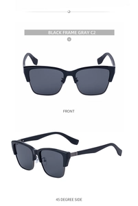 Front and 45-degree side views of black cat-eye sunglasses with detailed metal hinges
