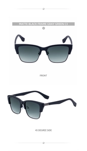 Front and 45-degree side views of matte black cat-eye sunglasses with wood grain temples