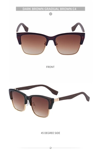 Front and 45-degree views of dark brown gradient cat eye sunglasses with wood grain temples