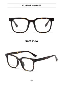 Detail of square black tortoiseshell frames showing model J10008 and measurements