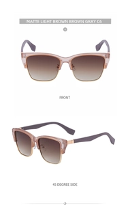 Detail of matte light brown cat-eye sunglasses with gradient lenses and wood grain temples