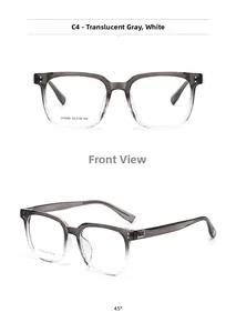 Detail of square frame glasses showing grey-white gradient and model specifications