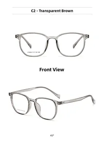 Detailed front and 45-degree view of transparent tea brown square optical glasses frame