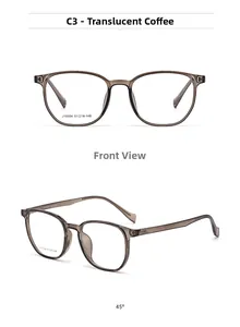 Detail view of transparent coffee square glasses frames with temple model specifications