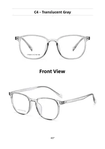 Detailed views of transparent grey square optical frames showing model J10004 specifications