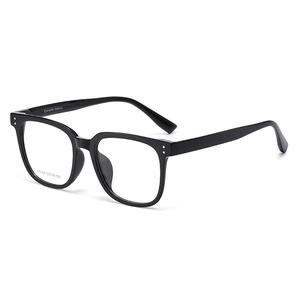 Classic glossy black square frame eyeglasses with metal rivets and sturdy hinges