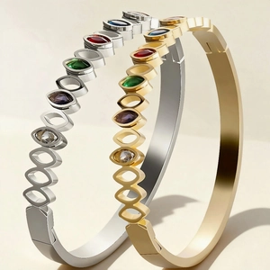 Titanium Steel Bangle Bracelet With Colorful Cubic Zirconia Hollow Out Geometric Luxury Jewelry For Women