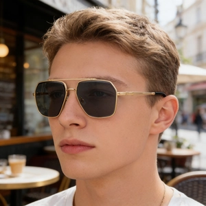 Fashion square aviator sunglasses for men with gold metal frame and double bridge