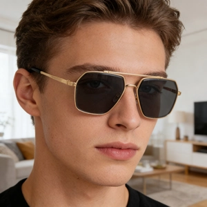 Detailed view of square aviator sunglasses with gold metal frame and double bridge design