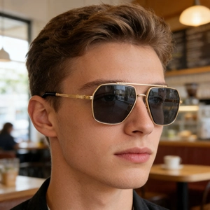 Detail of square pilot sunglasses with gold metal temples and double bridge design