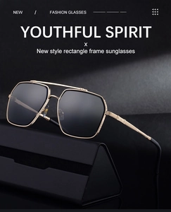 Rectangle metal frame sunglasses with double bridge on a black folding glasses case