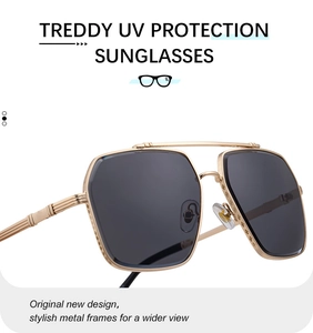 Detail of square gold metal sunglasses featuring retro double bridge and dark lenses