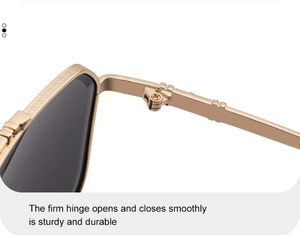 Close-up of durable metal hinge with cross-pattern texture on square frame sunglasses