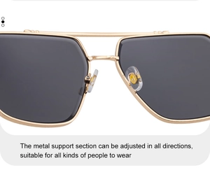 Detail of adjustable nose pads and gold metal double bridge on square frame sunglasses