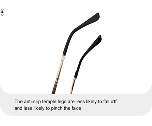 Detail of anti-slip gold metal temples with black ergonomic tips on square sunglasses