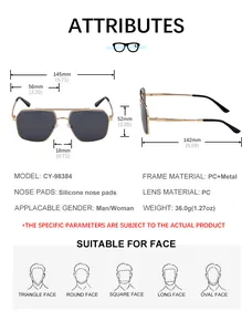 Detailed size chart for square frame sunglasses with metal temples and measurements