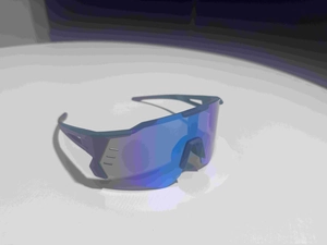 Detail view of sports sunglasses featuring aerodynamic air vents and blue mirrored lenses