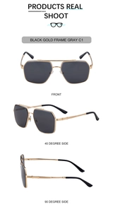 Detailed multi-angle views of square metal sunglasses with double bridge and gray lenses