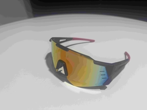 Detail of sports sunglasses with colorful gradient lens and black-red anti-slip frame