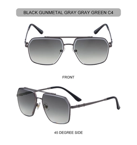 Detail view of gunmetal square aviator sunglasses with double bridge and metal temples
