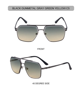 Detail view of gunmetal aviator frame with green yellow gradient lenses and metal temples