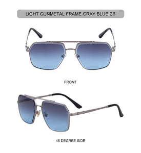 Detail of light gunmetal pilot sunglasses with double bridge and gray blue lenses