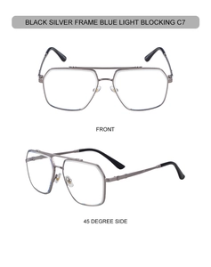 Detailed front and side view of pilot blue light blocking glasses in black silver metal