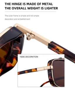 Close-up of tortoise shell frame sunglasses with reinforced gold metal hinges and side decor