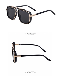 Detailed 45 and 90 degree side views of square black and gold vintage sunglasses