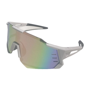 Modern white sports sunglasses with iridescent mirrored lenses for outdoor cycling