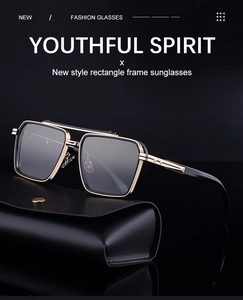 Detail view of square frame sunglasses with gold-tone accents on a leather case