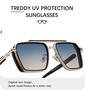 Detail of square sunglasses with UV protection and blue-orange gradient lenses