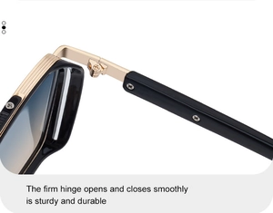 Macro view of the firm metal hinge and gold connection on square frame sunglasses