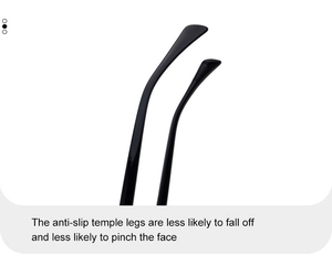 Macro detail of glossy black sunglass temple tips with anti-slip texture for comfort