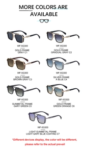 Detailed overview of square frame sunglasses showing seven color variants for driving