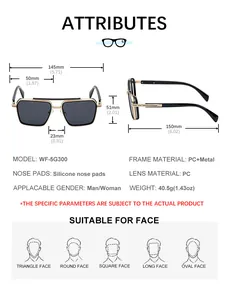 Detailed size chart for retro square sunglasses showing dimensions and technical specs