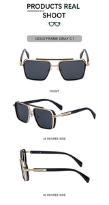 Three-view layout of retro square gold metal frame sunglasses with gray lenses
