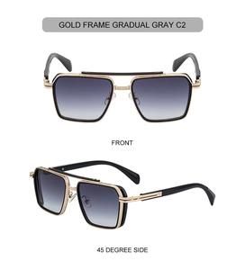Front and 45-degree side view of square gold metal sunglasses with gradient gray lenses