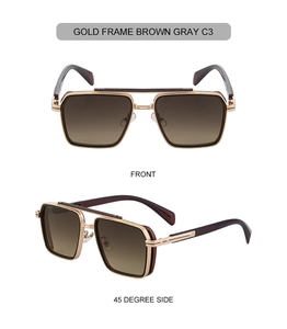 Close-up of gold metal square sunglasses with dual bridge design and brown gradient lenses
