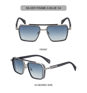 Front and 45-degree side view of silver square sunglasses with blue gradient lenses