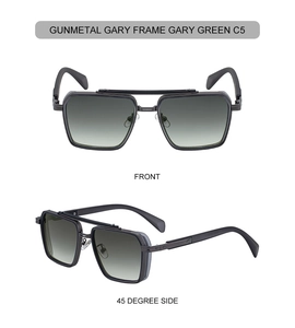 Front and side view of gunmetal square pilot sunglasses with double bridge detail