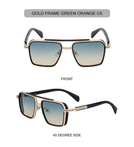 Detail of square punk sunglasses featuring gold metal frame and green orange gradient lenses