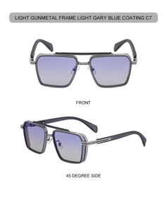 Detail view of square metal sunglasses with double bridge and gunmetal frames