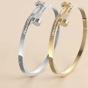 Bracelets clous en acier inoxydable doré et argenté avec zircons incrustés