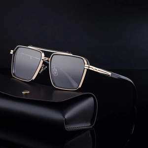 Fashionable square frame sunglasses for men with black and gold metallic accents