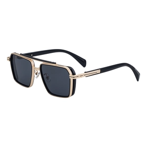 Retro square sunglasses with gold metal frame and black wide temples for men's outdoor fashion