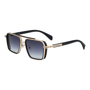 Men's retro punk square frame sunglasses with gold metal bridge and gray gradient lenses