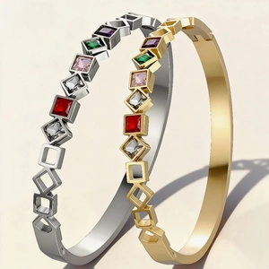 Colorful Square Gemstone Bangle Titanium Steel Geometric Hollow Bracelet Gold Plated Non Fading Fashion Jewelry For Women