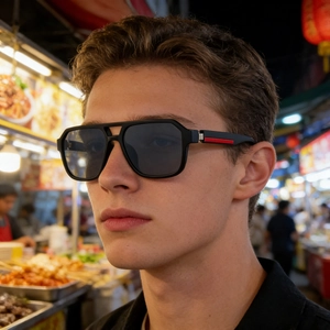 Men's square polarized sunglasses with matte black frame and red stripe temple detail